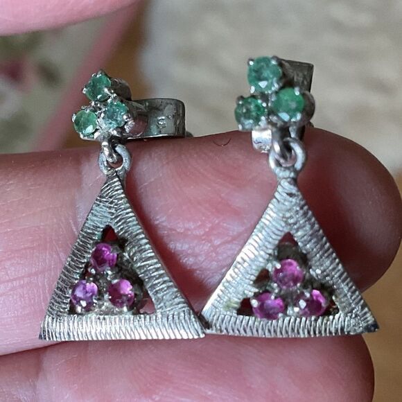 Sterling Silver 925 STUD RUBY/EMERALD EARRINGS